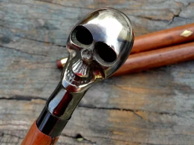 Antique Brass Skull Head Handle Vintage Victorian Wooden Walking Stick Cane Gift