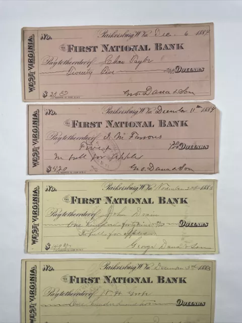 4 Parkersburg West Virginia 1883-84 1st National Bank Paid Checks