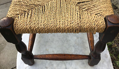 Early 20th C. Oak Stool With Rush / Straw Top. 3