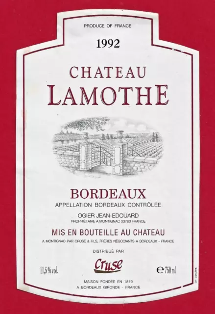 96 19 label BORDEAUX Château Lamothe 1992, Ogier Jean-Edouard, in Montignac