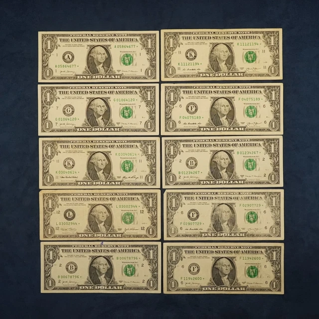 Lot of 10 $1 Federal Reserve Star Notes - Free Shipping USA