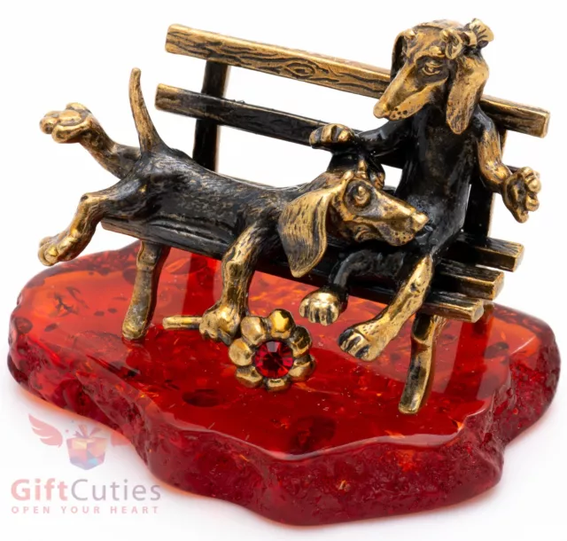 Solid Brass Amber Figurine couple Dachshund Dogs snuggling on a bench IronWork