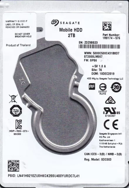 ST2000LM007 p/n: 1R8174-576 s/n: ZDZ f/w: SPS6 TK DEC 2019 2TB SATA 2.5 SEAGATE