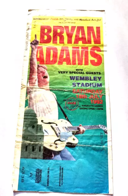 Bryan adams concert ticket Wembley 1992 memorabilia vintage