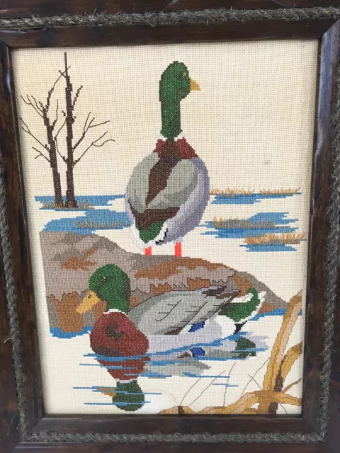 Rope Embed Solid Wood Vtg Frame Waterfowl Mallard Duck Wall Hang Needlepoint Art 3