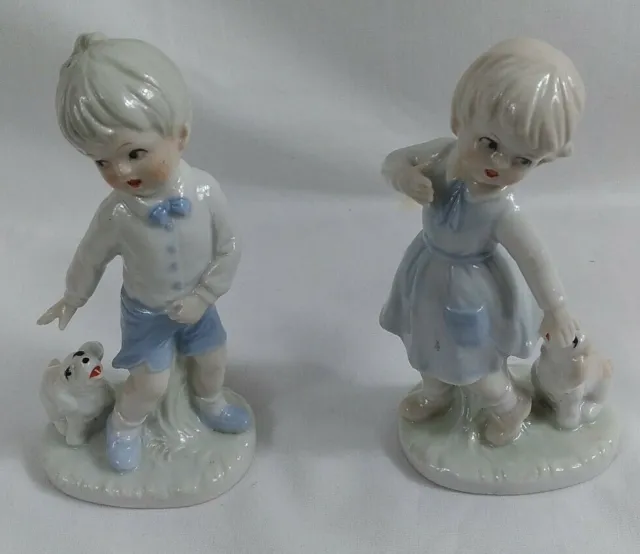 Vintage Boy And Girl With Puppy Figurine Set