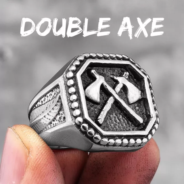 Norse Viking Double Axe Stainless Steel Mens Rings Punk Vintage Cool 7-13