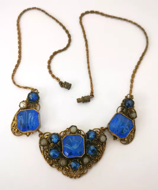 Vtg Art Deco Czech Blue Lampwork Glass Brass Filigree Chain Bohemian Necklace *