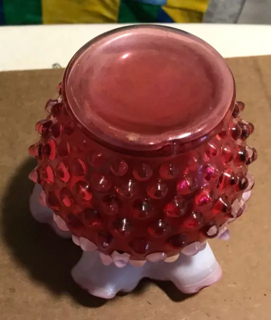 Vtg Fenton Cranberry Opalescent Hobnail  Rose Bowl Glass vase 4 1/2" tall 3