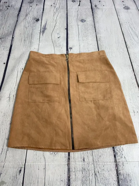 Atmosphere brown faux suede zip up mini skirt women's size 10 (P19)