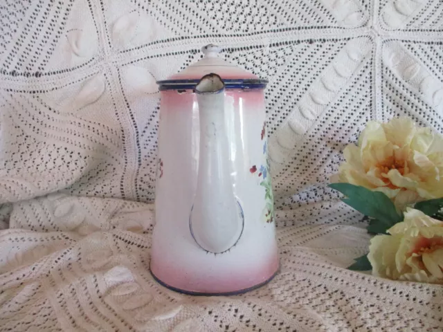 Antique French ENAMELLEd COFFEE POT FLOWERs pattern Pink Rose and Pansy CA 1920 2