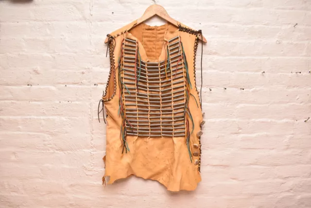 VTG Native American Plains Indian Buckskin Leather Metal Breast Plate Vest Shirt