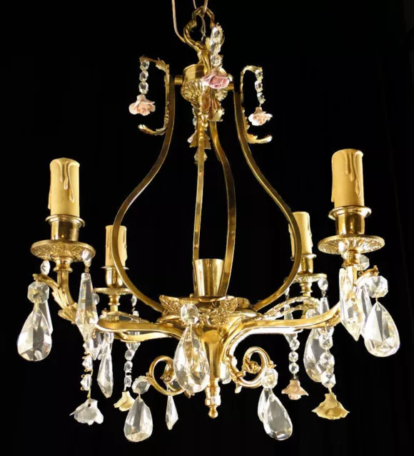 Antique French Louis XV Bronze and glass chandelier Small ceramic flowes (1126)