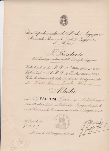 Attestazione Iscrizione All'albo Degli Ingegneri Del 1933 - Sindacato Fascista