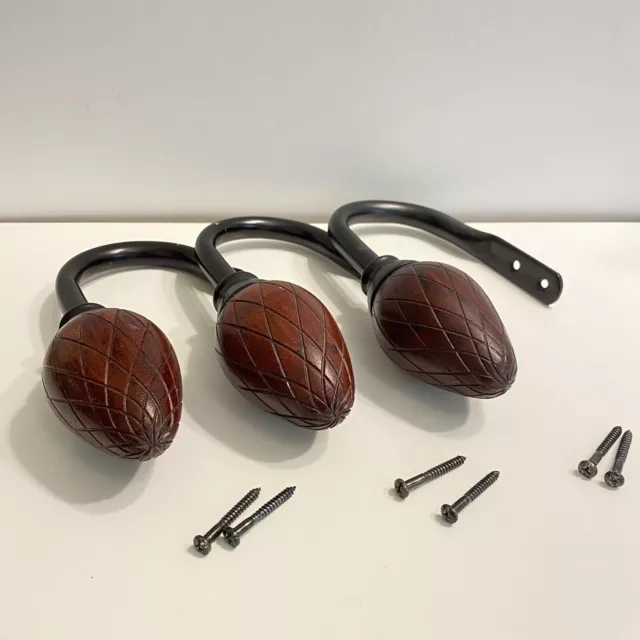 3 Curtain Drape Tie Back Hooks Dark Brown Metal Wood Scored Egg Shaped Finials