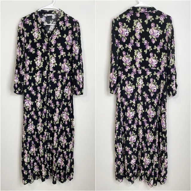 ZARA Floral Print Maxi Shirt Dress Womens Size XL Boho Preppy Black Purple