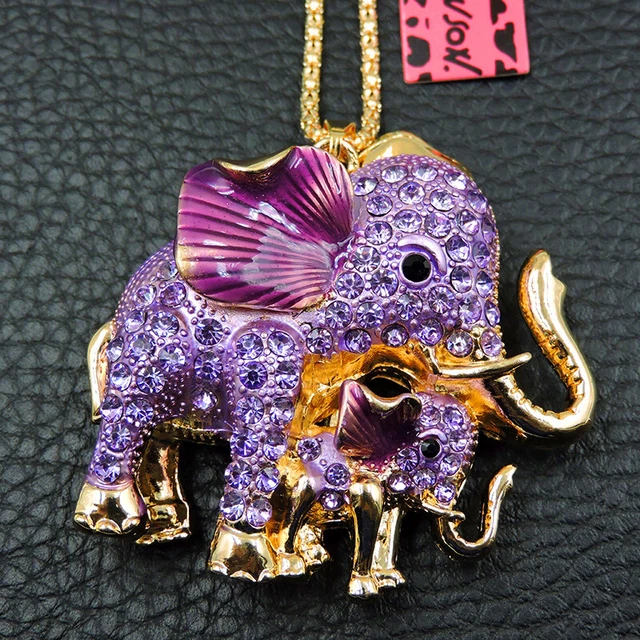 Betsey Johnson Purple Crystal Rhinestone Elephant Pendant Sweater Necklace