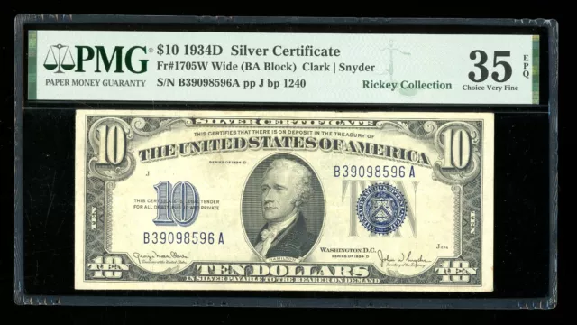 DBR 1934-D $10 Silver Wide Fr. 1705W PMG 35 EPQ Serial B39098596A