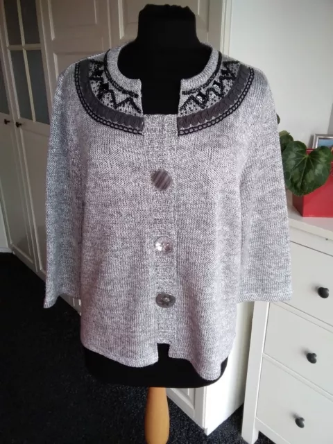 Per Una Grey Knitted Cardigan Embroidery Beaded Feature Buttons Size XL