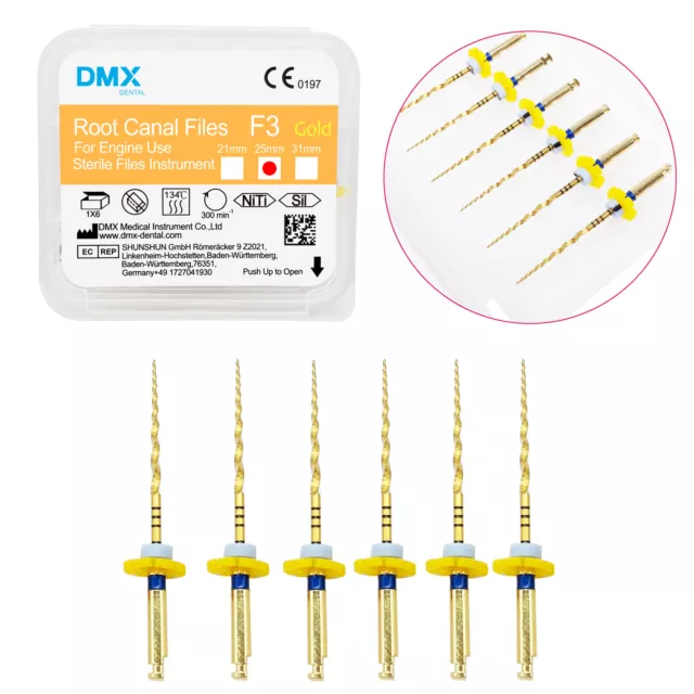 DMX Dental Endodontic NITI Rotary Root Canal Files Gold Taper F3 25mm 6 Pcs/Pack
