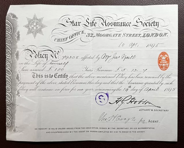 1895 Ornate Star Life Assurance Society, Moorgate St, London Policy Document