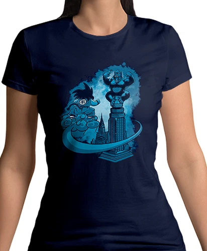 T-shirt donna Goku piccolo vola con la sua nuvola speedy verso King Kong