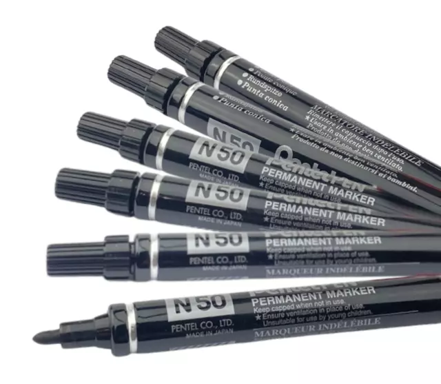 Pentel N50 Permanent Marker Pens - Bullet tip - 2mm - Black - Pack of 6
