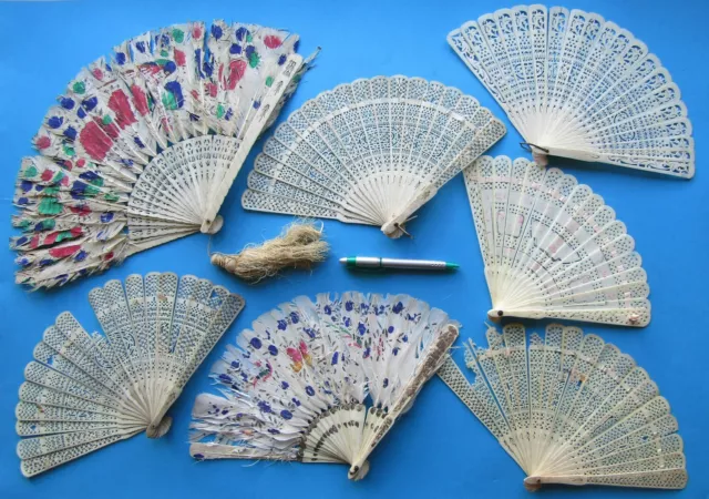 7x Antique Victorian Chinese Brise Feather Fan Eventail Abanico Ventaglio Fächer