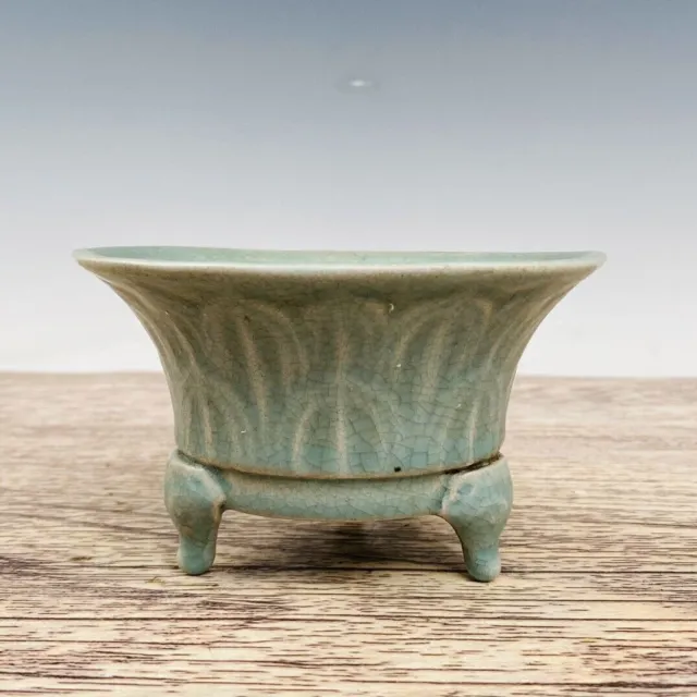 5.3" China Porcelain Song dynasty ru kiln cyan Ice crack Three Foot Brush Washer