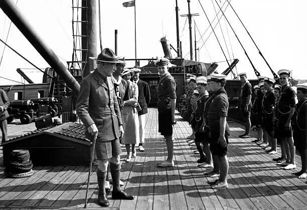 Boy Scout Old Photo - Lord Baden-Powell inspecting a row of sea cadets on board