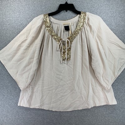 Urban Mango Womens Shirt Beige Sequin V-Neck 3/4 Sleeve Boho Peasant Top