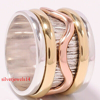 925 Sterling Silver Three Tone Wide Band Meditation Spinner Ring Jewelry se8