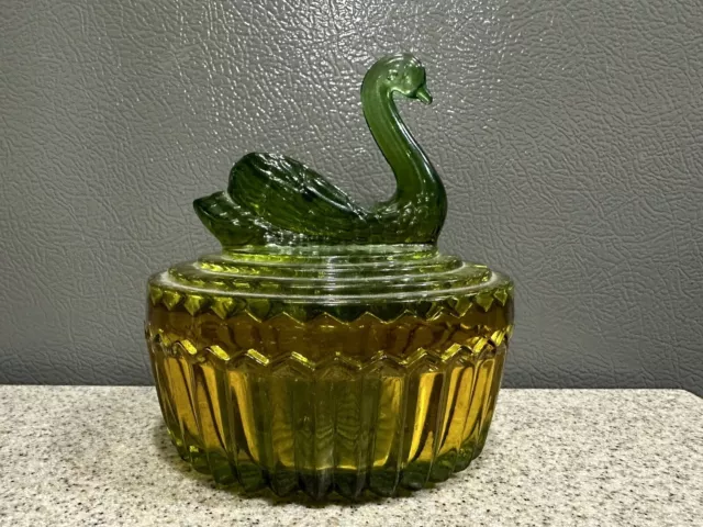 Vintage Jeanette Green/Amber Flashed Glass Candy Dish Jewelry Trinket Swan Bird