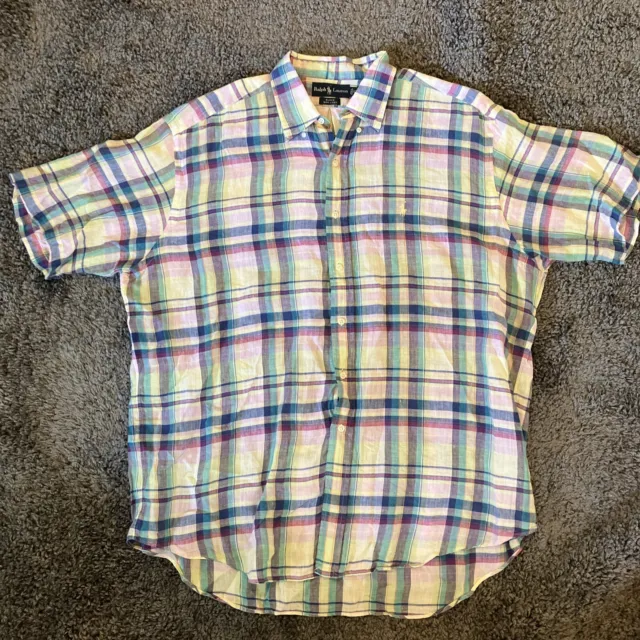 Ralph Lauren Blake Linen Shirt Mens XL Multicolor Plaid Button Down Pony