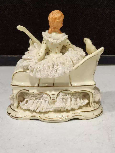 Old Dresden Art Porcelain Lace Figurine Woman on Couch Playing Mandolin w/Parrot 3
