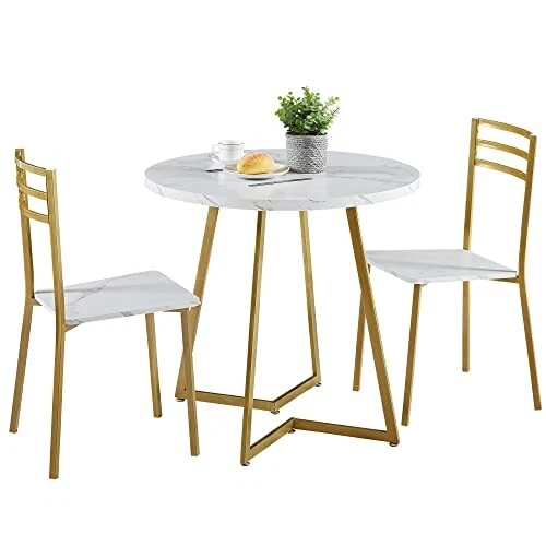 Small Round Wood Marbled Tabletop with White and Gold Dining Table Set for 2