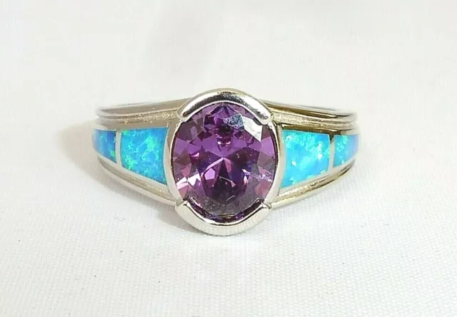 Ladies Ring 925 Sterling Solid Silver 2 Carat Amethyst and Opal Ring