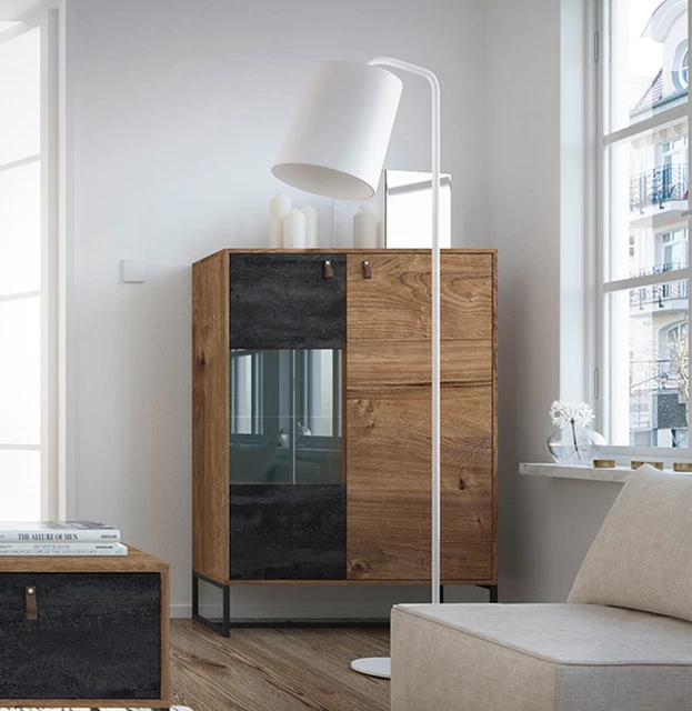 Vetrina in vetro ""Dark"" vetrina stand 93 cm rovere a costine pietra nera