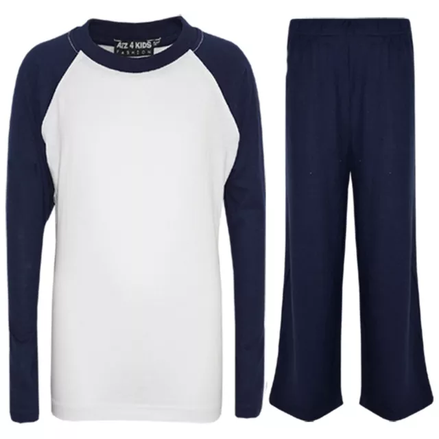 Kids Girls Boys Pyjamas Designer Plain Navy Contrast Sleeves Nightwear PJS 2-13Y