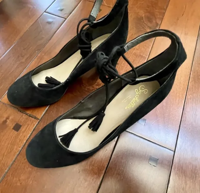 Seychelles Black Leather Dress Shoes Suede Ankle Tie Sz 7.5 Round Toe Block Heel