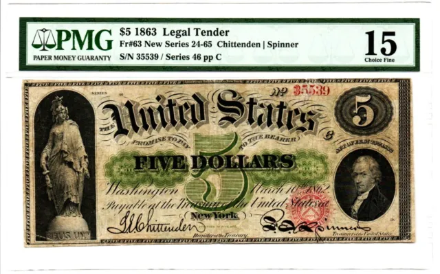 Fr. 63 $5 1863 Legal Tender PMG Choice Fine 15.