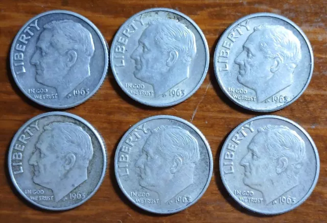 1963-D  Roosevelt Dimes, 90% Silver - Lot of 6