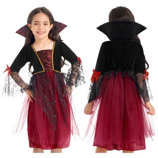 Kids Girls Vampire Wicked Witch Halloween Cosplay Fancy Dress Up Costume Outfits