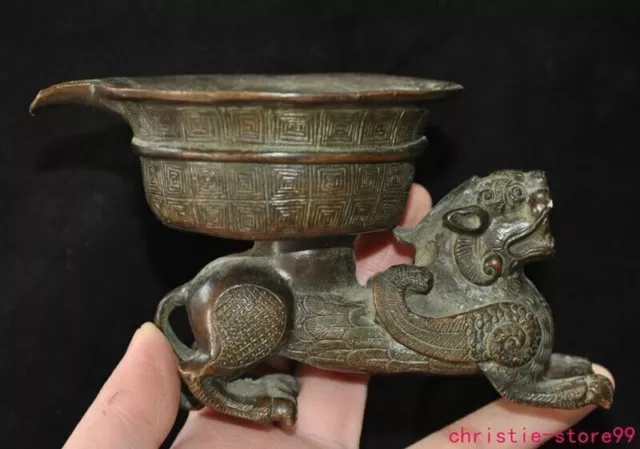 5" Ancient Chinese dynasty bronze PI Xiu beast statue goblet wine glass cup