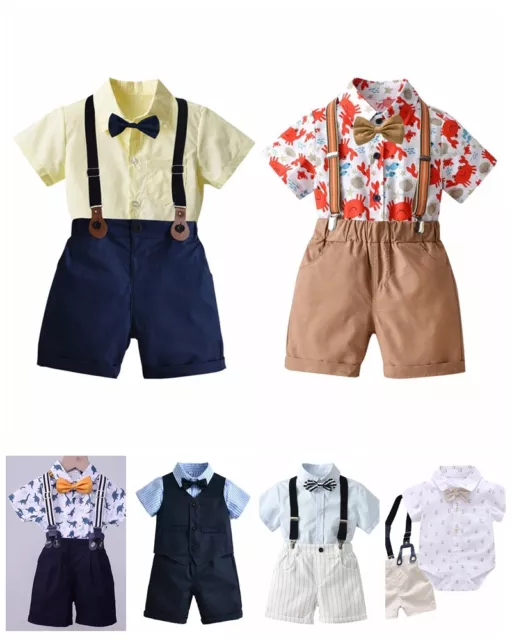 Abiti da gentiluomo bambini, maniche corte camicia + bretelle a righe pantaloni estate