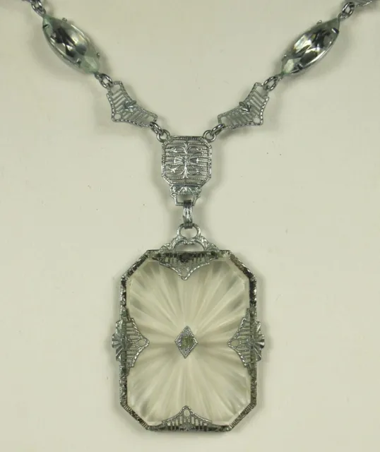 Art Deco CAMPHOR GLASS Filigree Necklace 1930s JH Peckham Sunray Crystal Rhodium