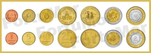 Argentina 7 Pcs Coin Set 1 5 10 25 50 Centavos 1 2 Pesos 2000 - 2011 Unc Bimetal
