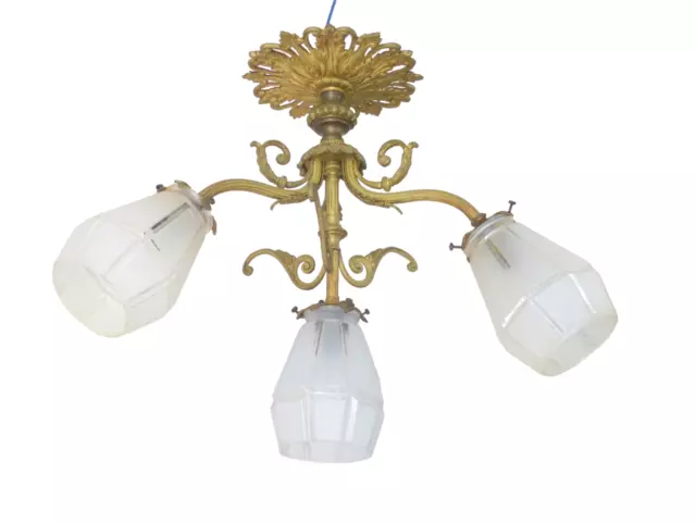 Gorgeous Ceiling French Gilded Bronze Louis XVI Chandelier 4 fires Shades 19TH
