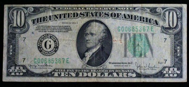 $10 1934 D Federal Reserve Note (Light Green Seal) Paper