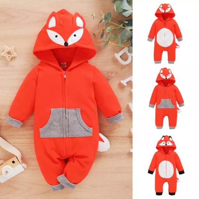 Newborn Baby Boy Girl Kids Fox Hooded Romper Jumpsuit Bodysuit Clothes Outfits